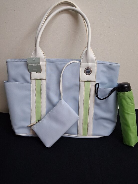 Sonoma Handbags - SONOMA Pastel Blue Tote Bag Set NWT Umbrella & Detachable Wristlet